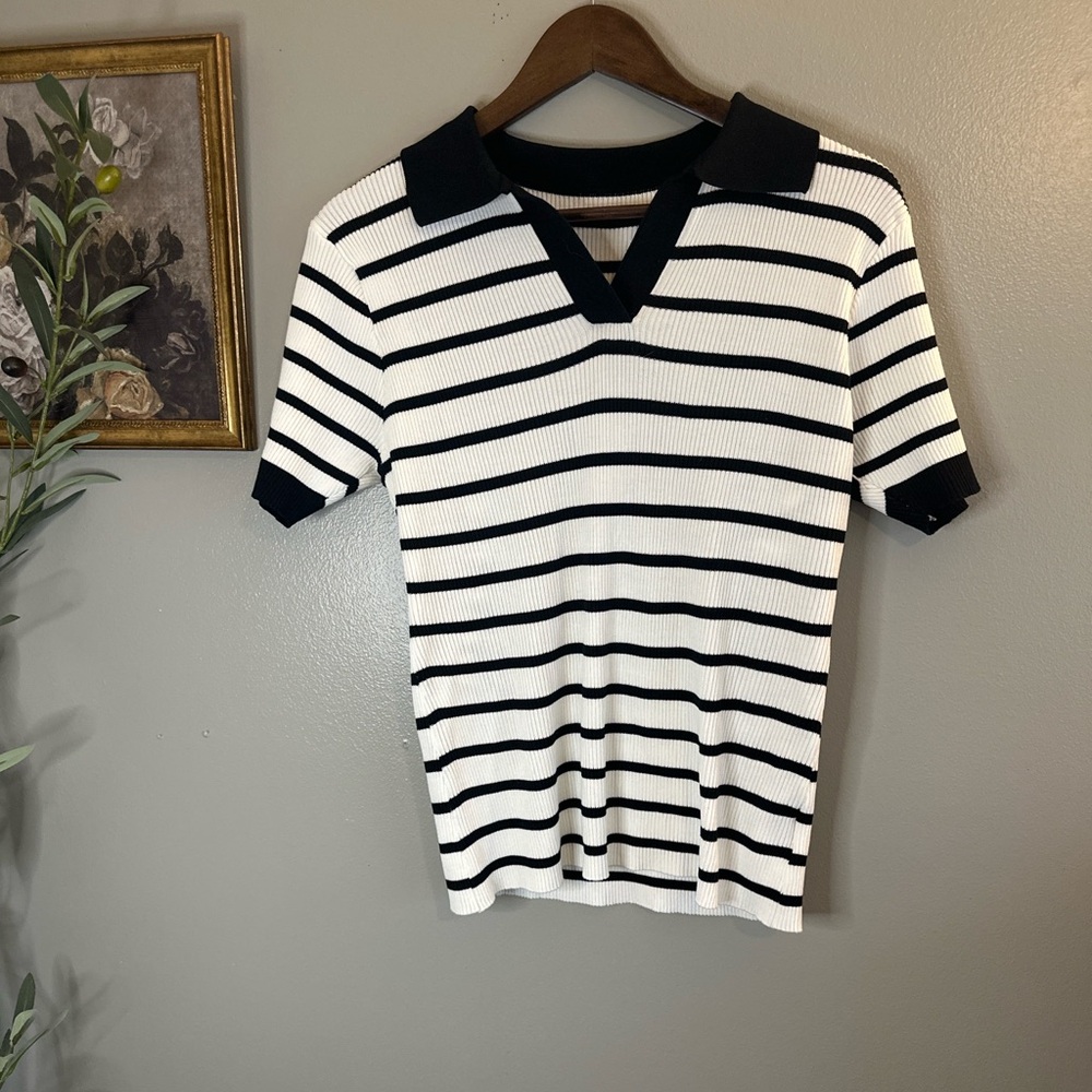 Ivicoer Black White Striped Ribbed Knit Polo Top XL French Girl Coastal Preppy - Picture 4 of 7